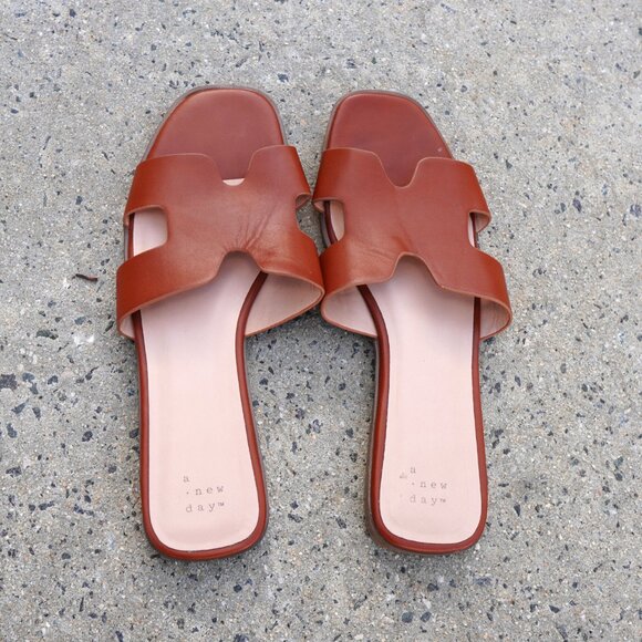 A New Day Cognac H-Strap Flat Slide Sandals 10 Minimalist - Picture 1 of 5